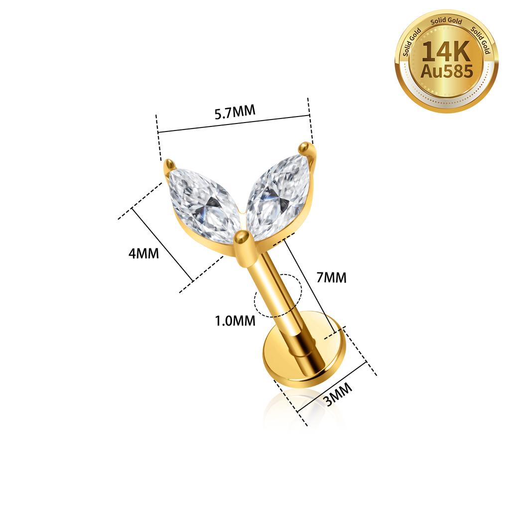 Manwei 14K Solid Gold Internal Thread 18G Marquises CZ Inlay Labret Ear Stud Earrings Lobe Helix Cartilage Body Piercing Jewelry