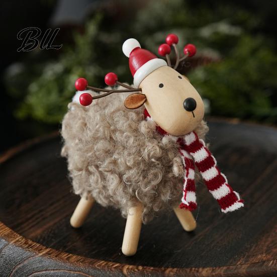 Durable Wood Tabletop Decor Wooden Christmas Sheep Figurine with Scarf Santa Hat, Plush Fleece Cute Animal Table Decorations Lamb Ornament,