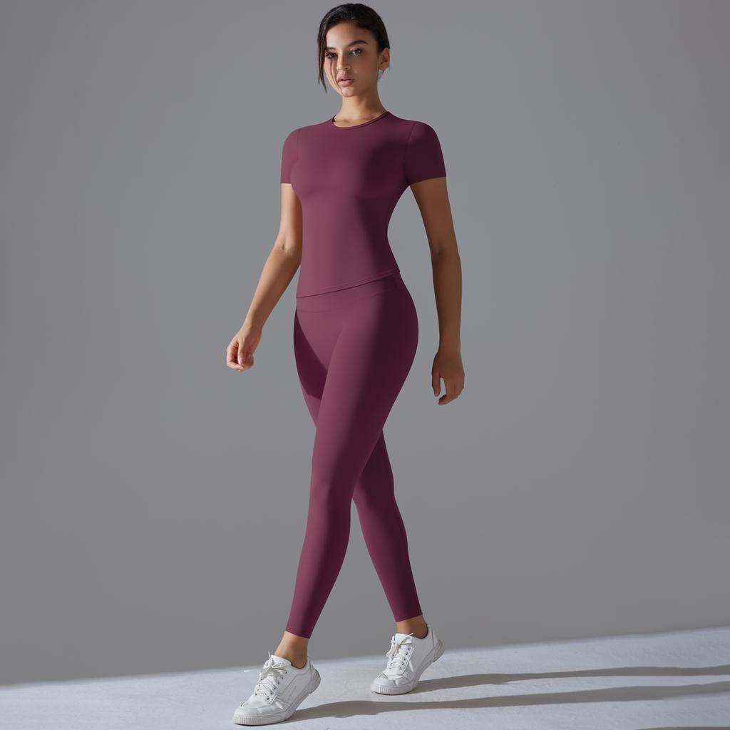 Auroth Short Sleeve Yoga Suit Women Fitness Sportswear Slim Crop Top Hip Lift Leggings Yoga Set