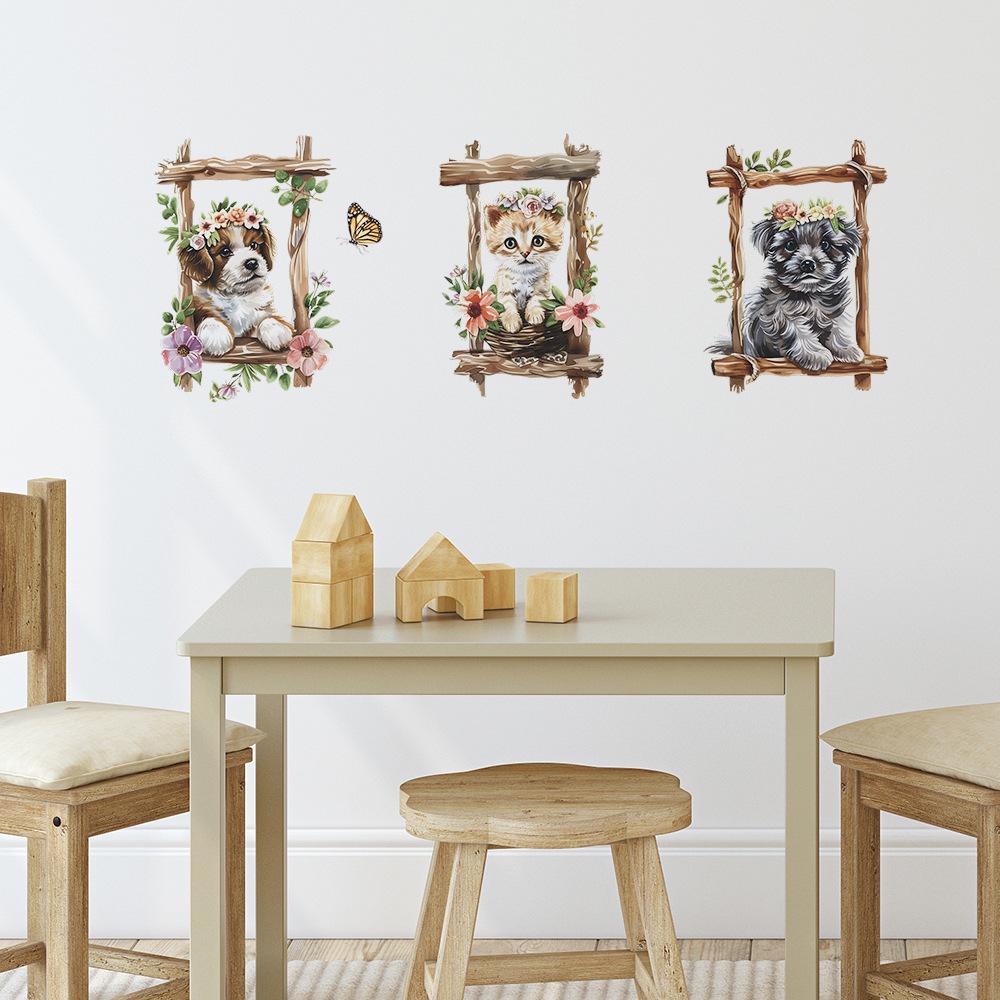 Мультяшный Кот Собака Триптих Рамка Наклейки на Стену Набор Самоклеящиеся для Детской Комнаты Настенный Декор