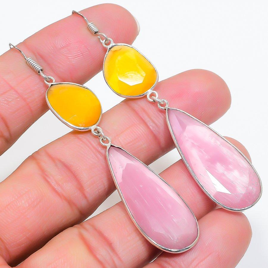 Pink Chalcedony, Yellow Onyx Gemstone 925 Sterling Silver Earring 3.15" GK-6439