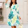 Women Plus Size Round Neck Long Sleeve Tropical Leaf Printed Gathered Waist A Line Dress