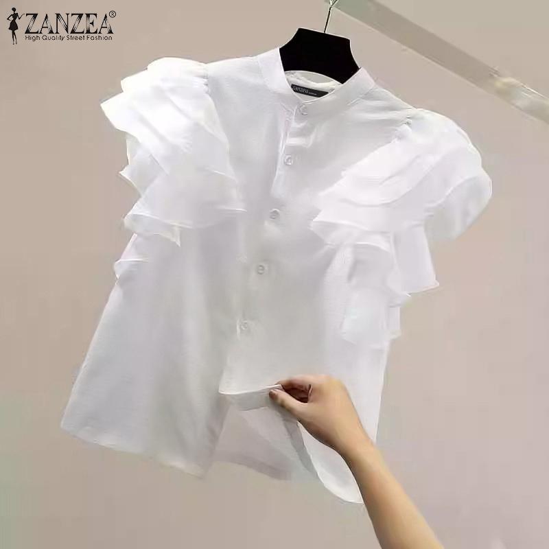 ZANZEA Женская модная свободная рубашка без рукавов с воротником-стойкой и рюшами