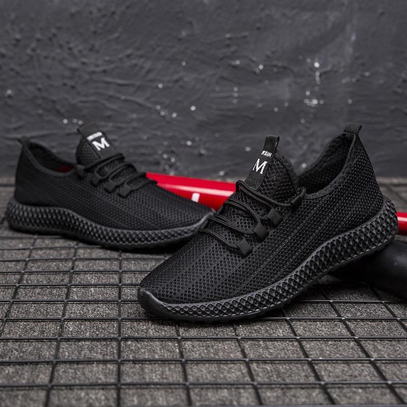 Summer trend men's shoes hollow mesh breathable men's sports shoes soft sole non-slip black shoes men