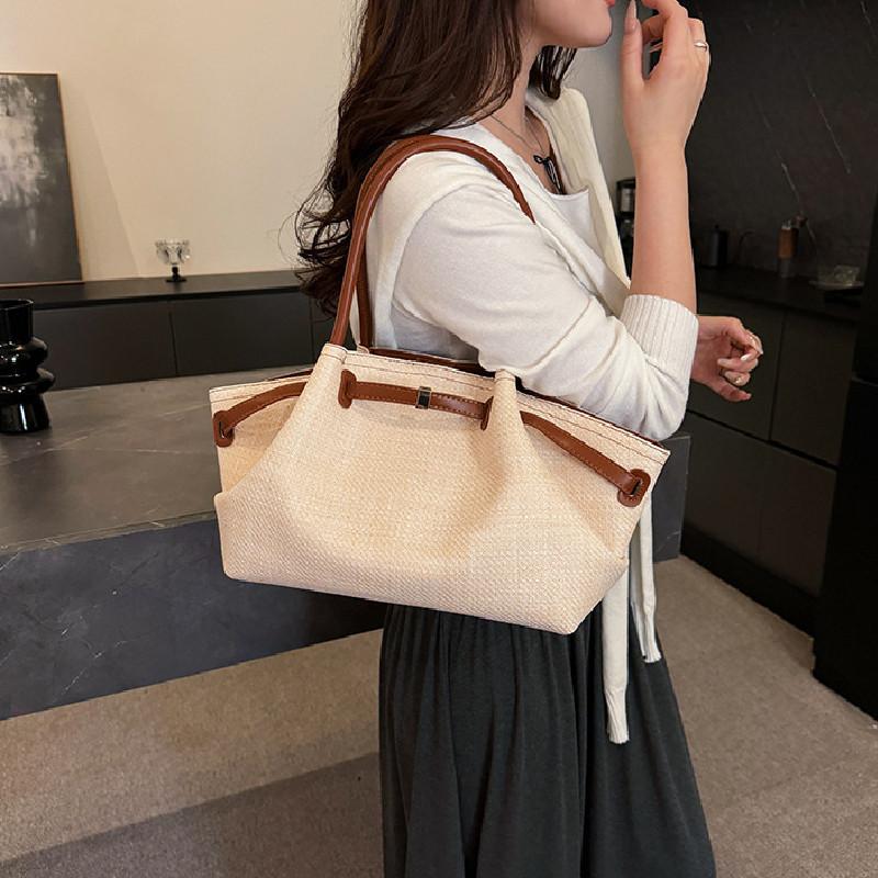 Canvas Tote Bag For Women Large Capacity Summer Casual Style With Solid Color Pleated Design