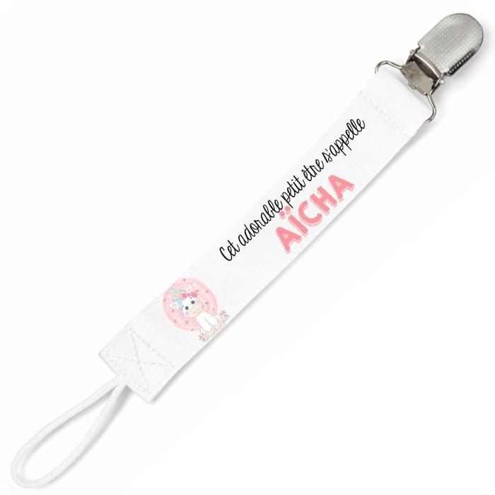 Planetee Attache tétine pour prénom AICHA adorable petit être Licorne | Attache sucette cadeau naissance