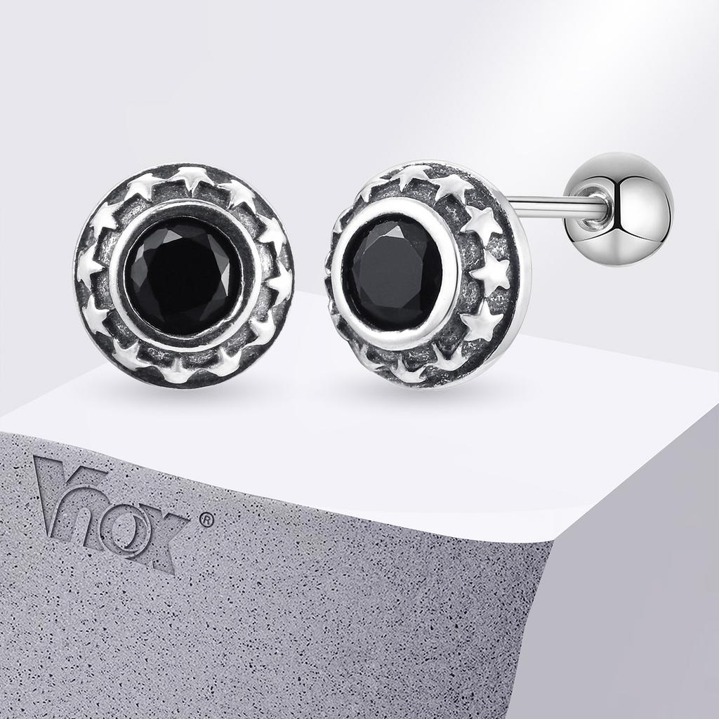 Vnox Gothic Black Zircon Stone Earrings for Men Women, Five Ponited Stars surrounding Stud Earrings, Unisex Brincos
