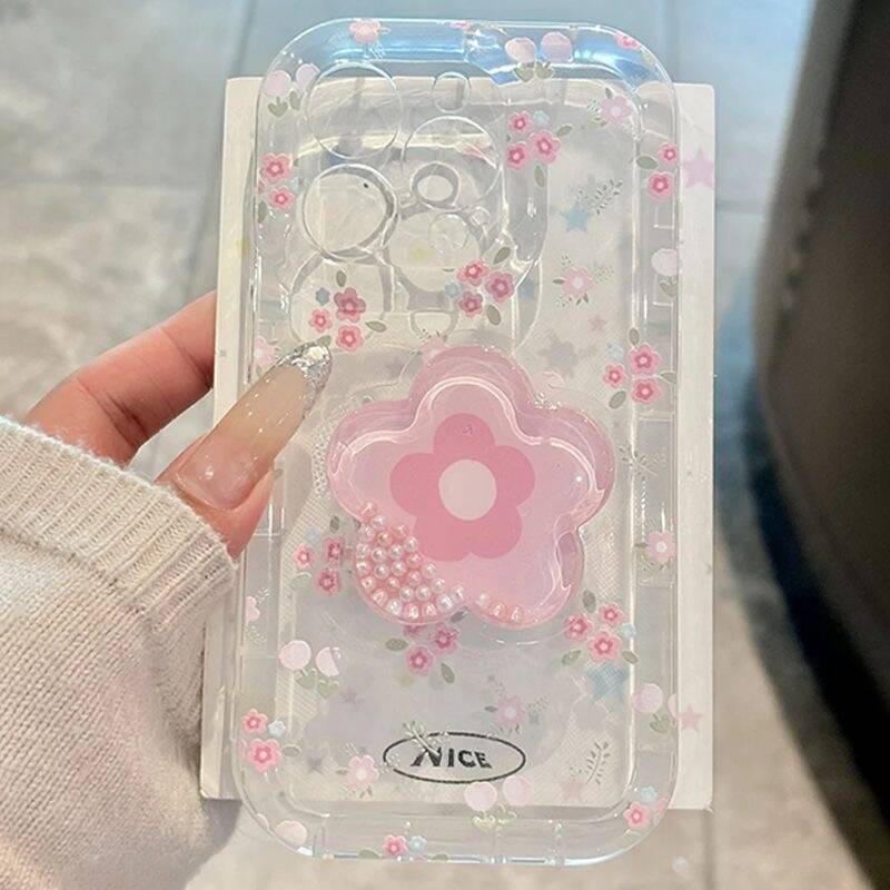 Милый чехол для телефона с подставкой в виде цветка с зыбучим песком для iPhone 16 15 14 13 12 11 Pro Max Plus, цветочный прозрачный мягкий противоударный чехол