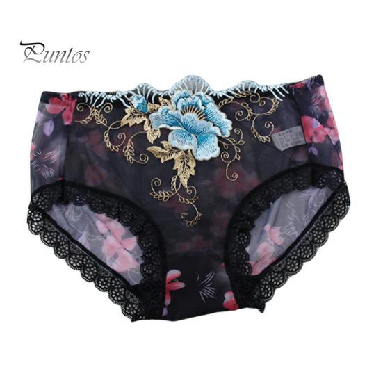 Underpants Women Panties Rose Embroidery Flower Print Mid Waist Stretch Briefs See-through Lace Sexy Ladies Underwear Daily Wear