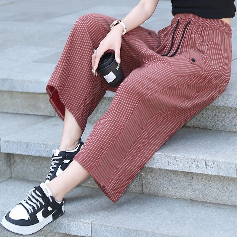 Повседневные летние полосатые брюки женские винтажные одежды больших размеров элегантные женские брюки с эластичной резинкой на талии