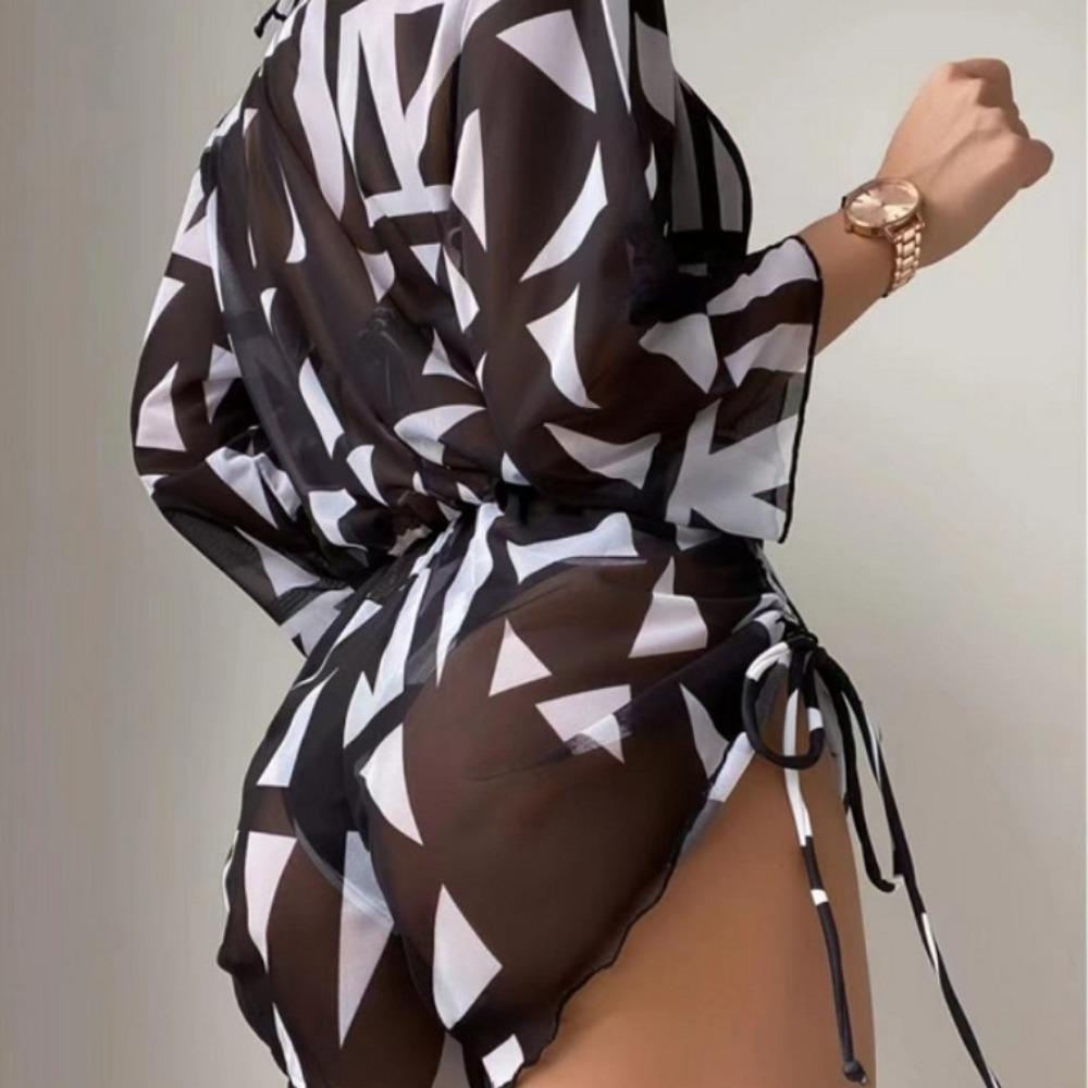 Купальник с сетчатой талией и длинными рукавами, высокая талия, принт, шнурок, европейское и американское бикини из трех частей