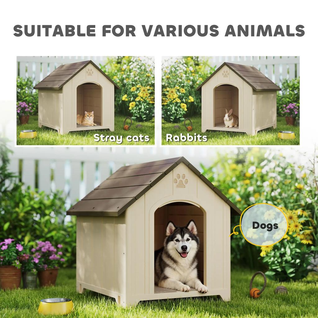 PawHut Raised Kennel for Dogs with Sloped Roof and Air Vents, in PP, 102x94x103 cm, Beige and Dark Brown