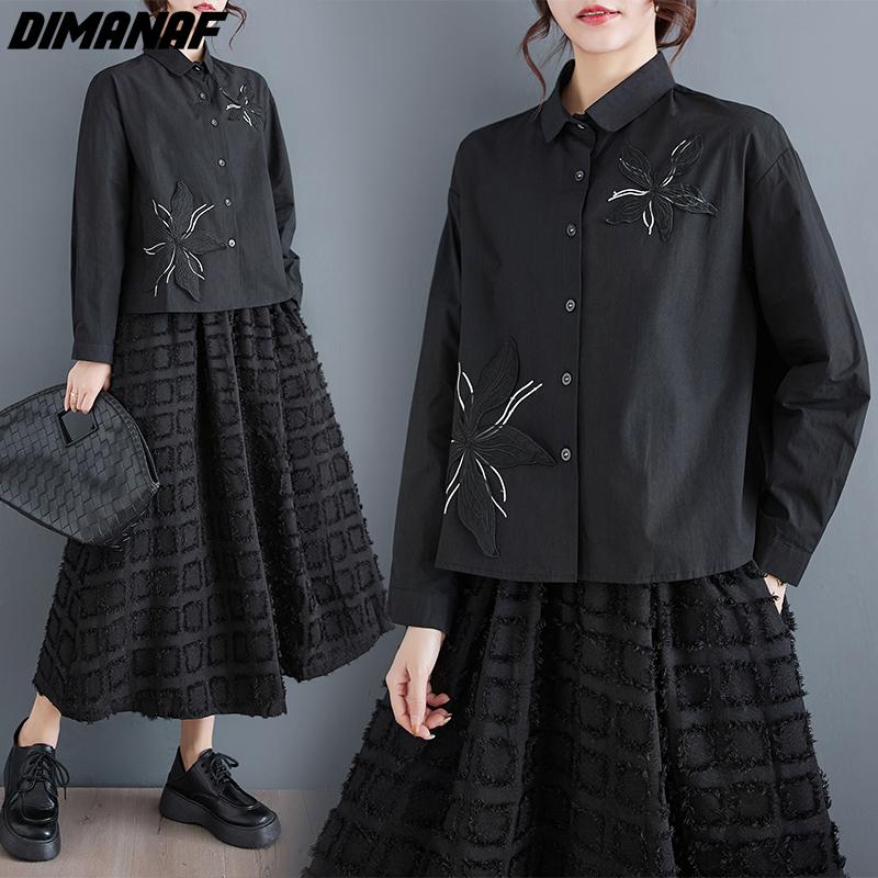 DIMANAF женская рубашка больших размеров на весну и лето, свободная базовая черная блузка с длинными рукавами и пуговицами, повседневные топы с цветочным принтом