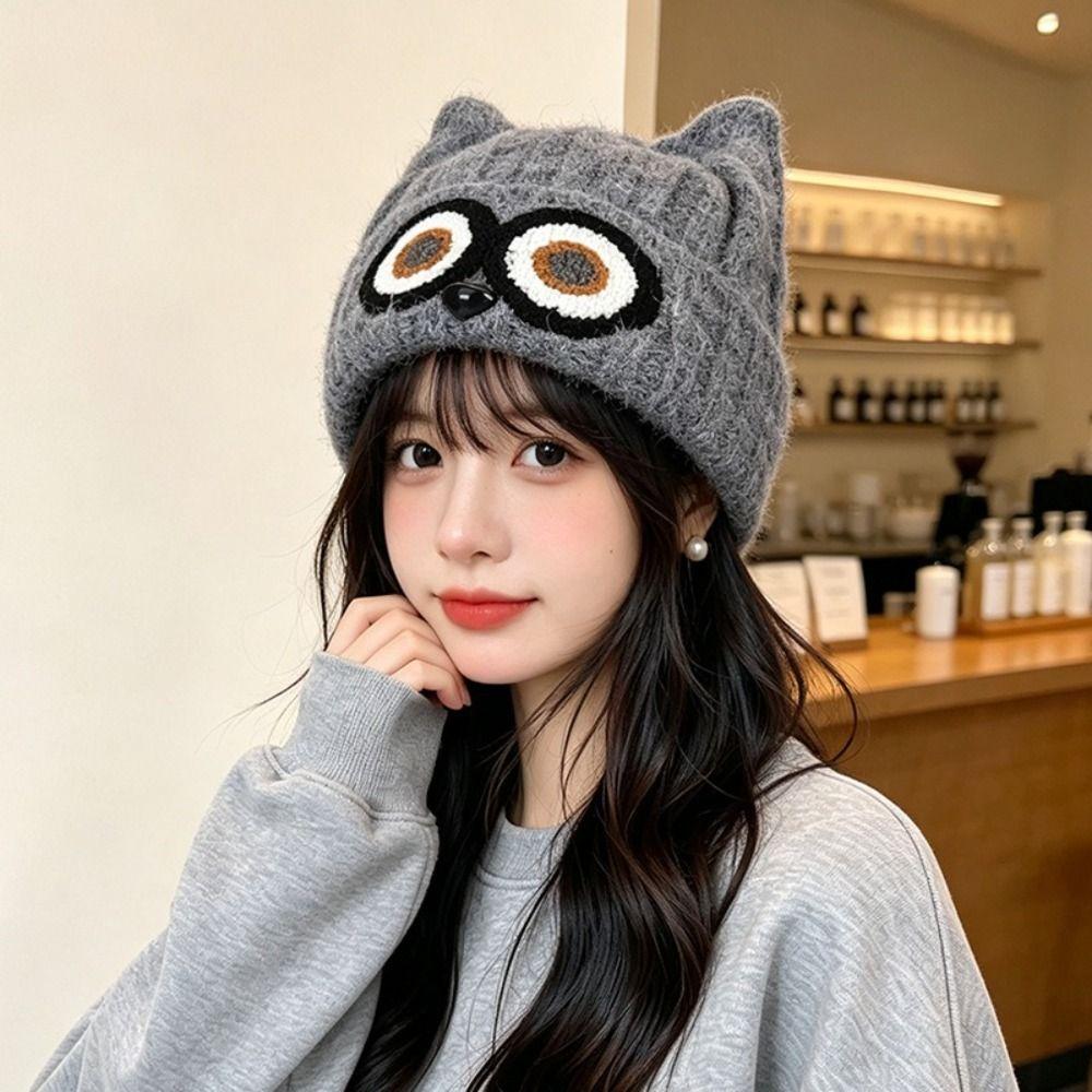 Knit Design Woolen Winter Cap Thick Material Plush Warm Hat Cute Owl Pattern Hat Cartoon Themed