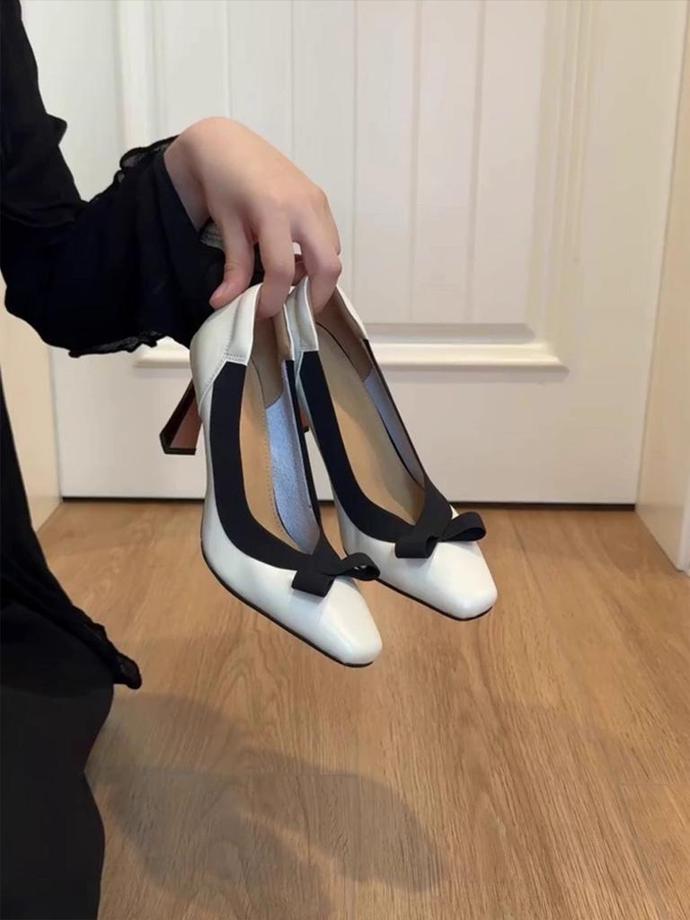 Sheepskin Version~ Square Head Single Shoes Women's Bow Shallow Mouth Evening Shoes Temperament Is Not Tired Feet Thick Heels High Heels