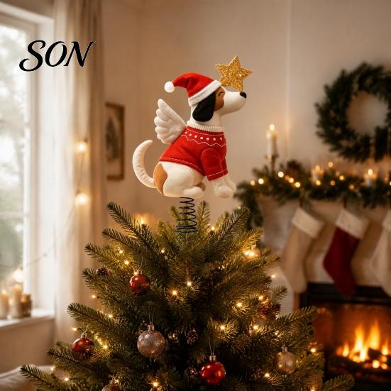 Holiday Scene Display Figurine Felt Dog Christmas Tree Topper, Plush Stuffed Angel Treetop Ornament with Puppy Decoration Santa Hat And Glitter