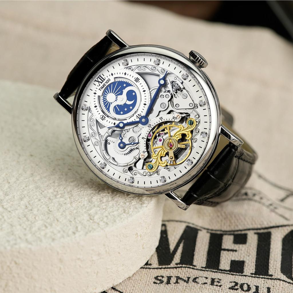 TIME100 роскошные автоматические часы скелетон механические из нержавеющей стали с ремешком из натуральной кожи водонепроницаемость 50 м мужские (Серебряный)