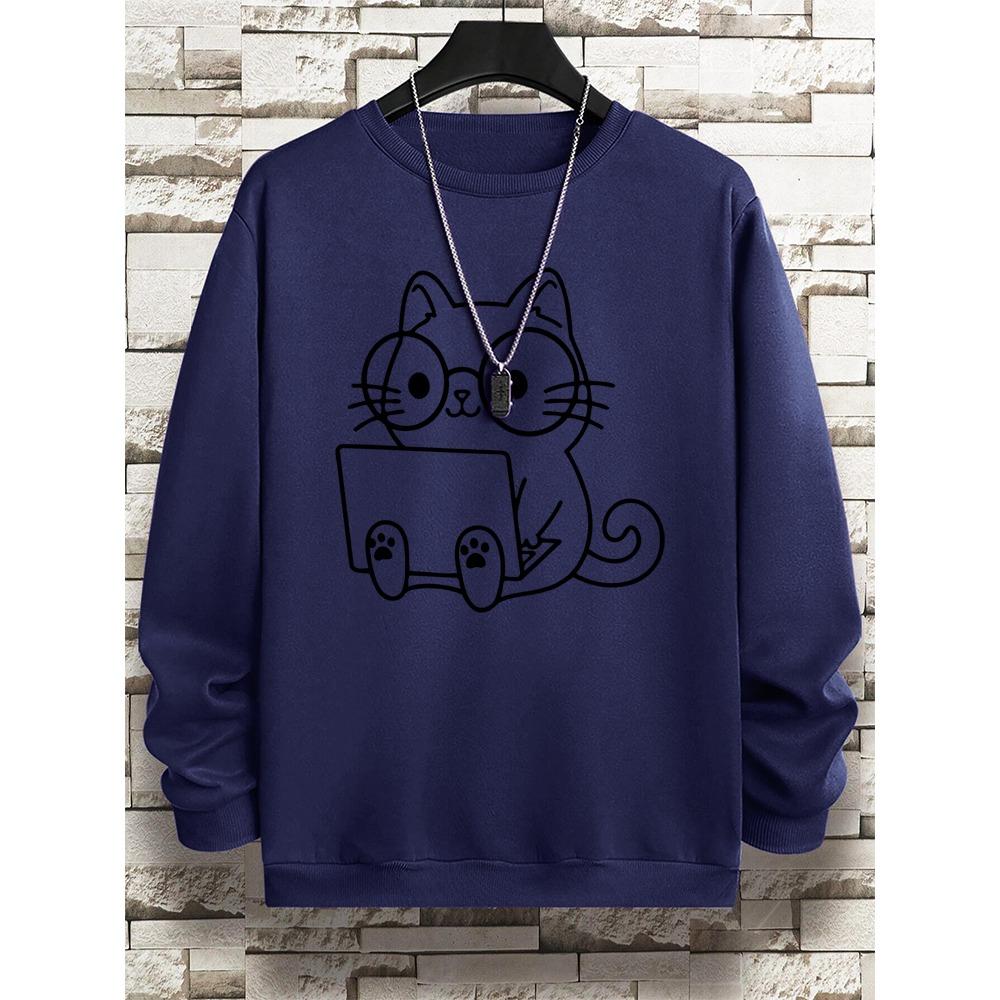 Мужская толстовка с принтом «Джентльмен Кот на работе» Свободная толстовка с капюшоном Осенняя толстовка с капюшоном Модная уличная одежда Пуловер с круглым вырезом Мужская одежда