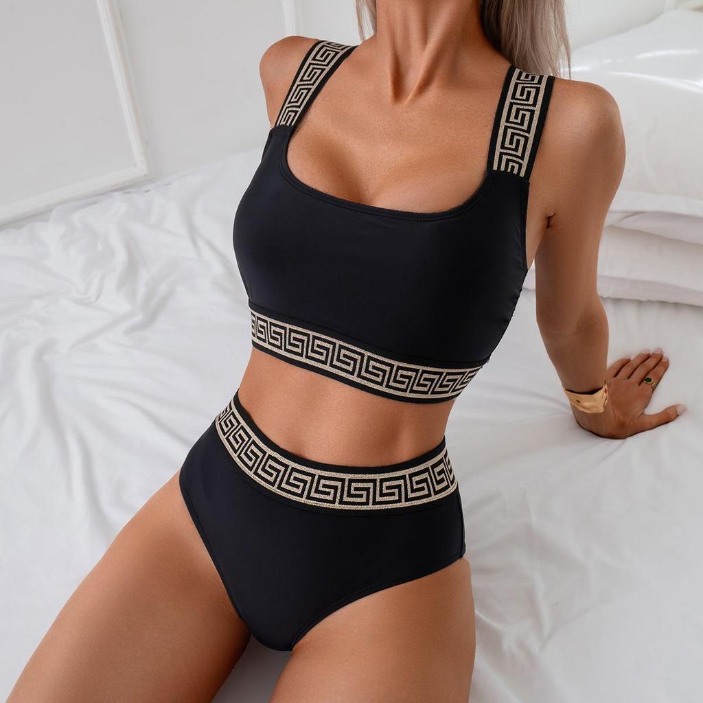 New Women's Two-Piece Solid Color Bikini with Webbing Strap Triangle Panties Swimsuit