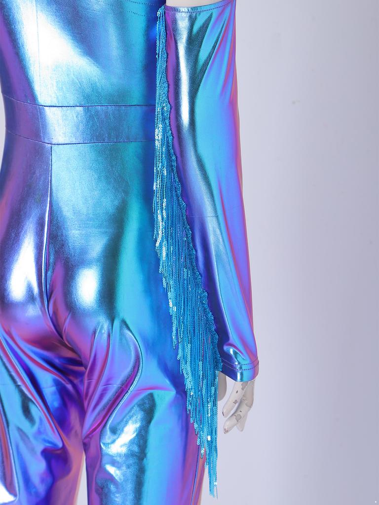 Womens Metallic Shiny Disco Flare Jumpsuit Sequin Tassels One Shoulder Long Sleeve Bell Bottoms Bodysuit
