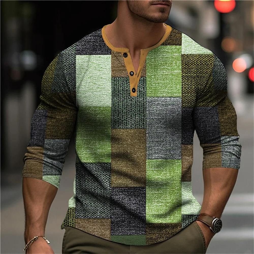 Осенняя рубашка-henley с блоками цвета и пэчворком, 3D-печать, мужская мода, винтажная, на пуговицах, с длинным рукавом, мужские футболки, топы, одежда