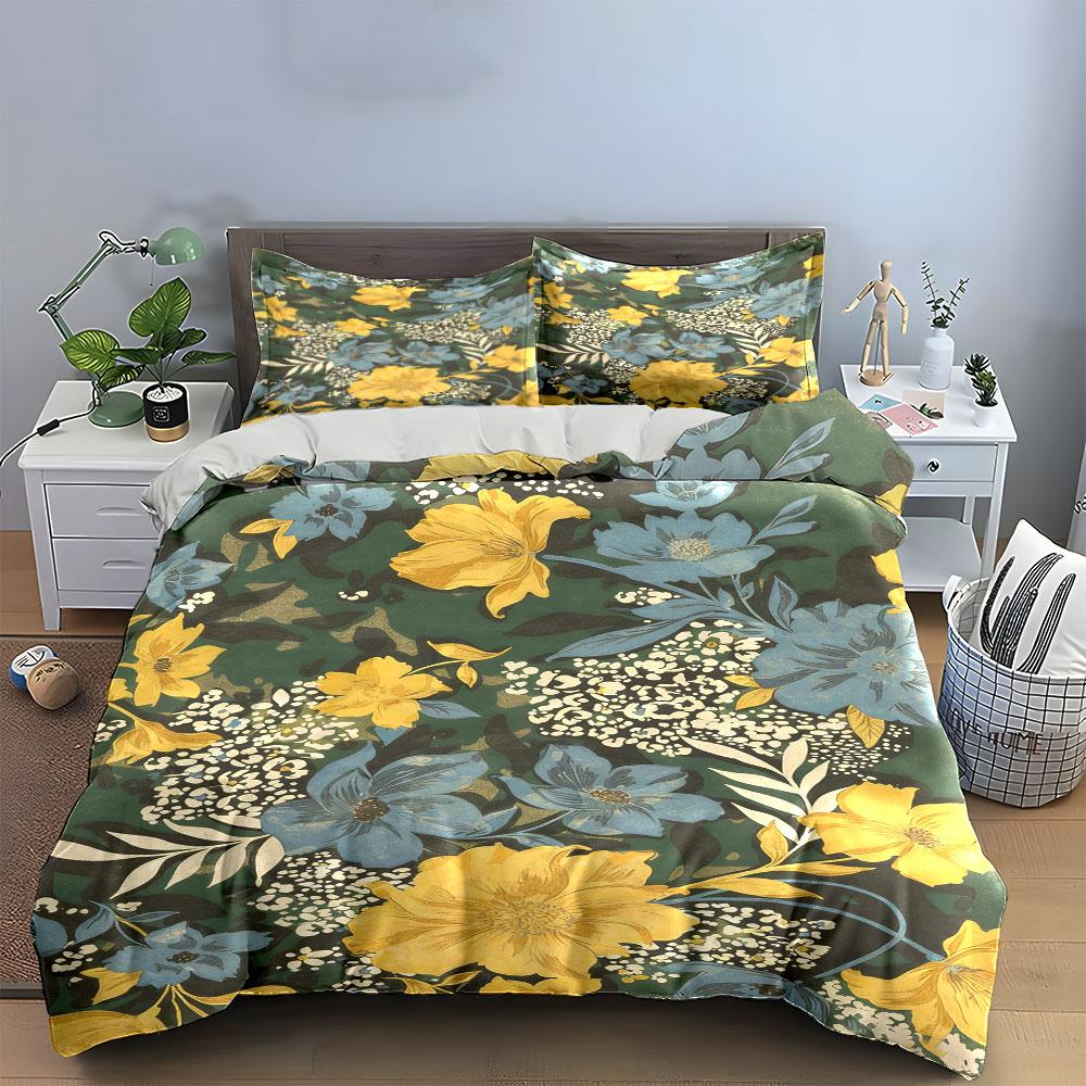 Yellow and blue flowers. Bedding sets Duvet cover sets Duvet covers Pillowcases(1 * Duvet Cover 2 * Pillowcases without duvet insert)