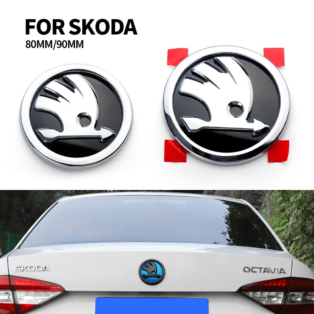 AHUQ1 80/90mm Car Front Rear Custom Emblem Stickers Accessory For Skoda Octavia Fabia Rapid Superb Yeti Enyaq Kodiaq Kamiq Karoq Scala