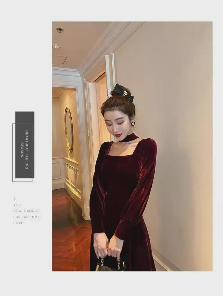 Elegant French Hepburn-Style Red Velvet Dress - Luxury, High-End Design