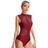 Womens Figure Skating Dance Leotard Sparkly Rhinestones Sheer Mesh Patchwork Sleeveless Cutout Back Bodysuit for Gymnastics