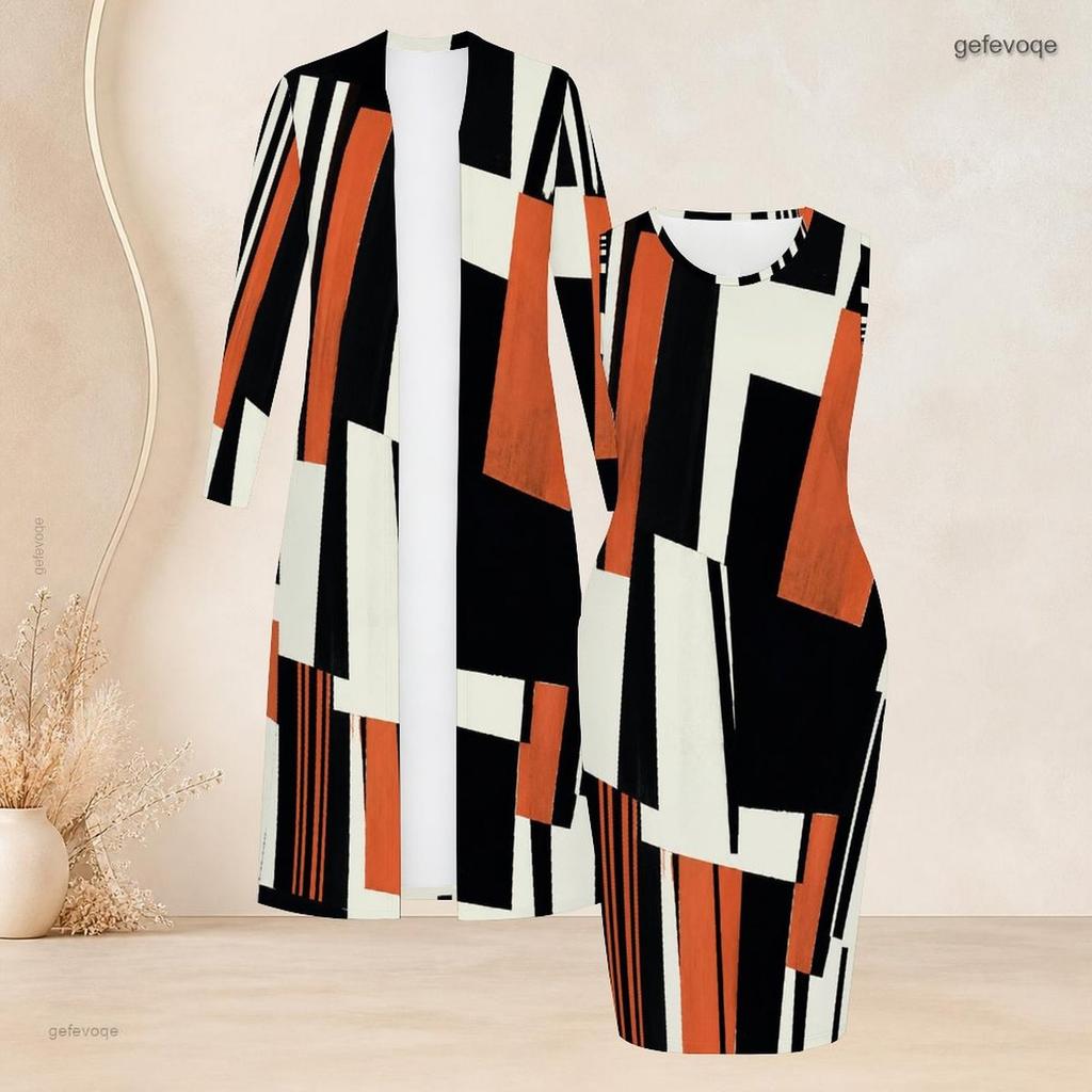 Women Plus Size Printed Two Piece Set Long Sleeve Open Front Long Cardigan Sleeveless Bodycon Dress