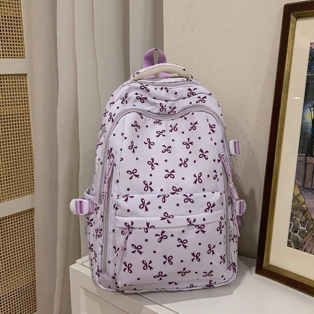 Large Capacity Bow Pattern School Bag Multi-compartment Rucksack Floral Print Backpack Travel