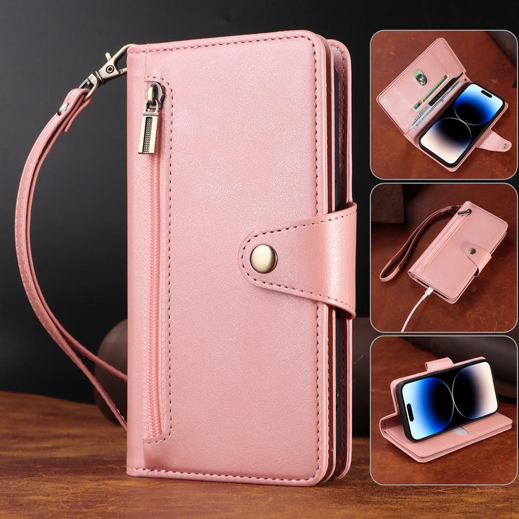 Многофункциональный двухслойный чехол-кошелек на молнии с отделениями для карт и карманом для наличных для iPhone 15, 14, 13, 12, 11, Samsung, Google, откидная крышка из искусственной кожи на ремешке