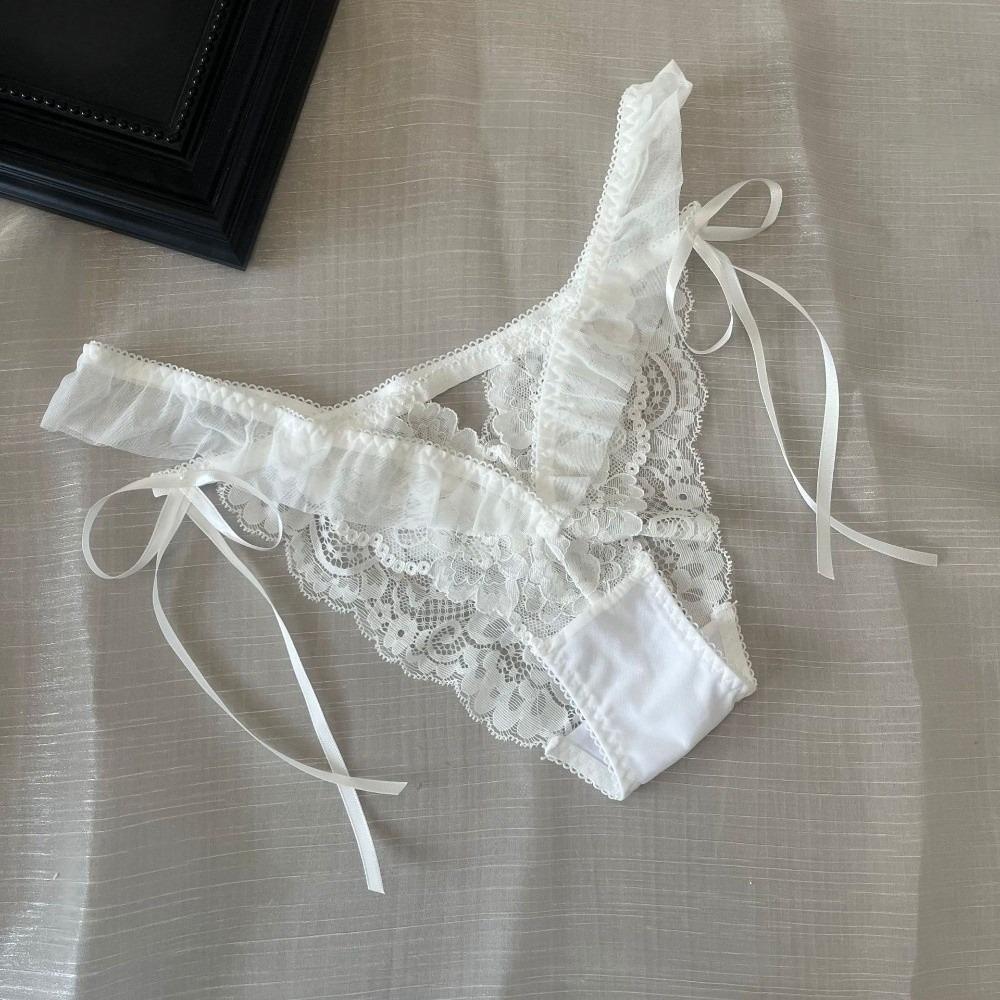 Bow Ribbon Lace Flower Transparent Briefs Mesh Female Lingerie Ruffle Floral Bowknot Panties Girl