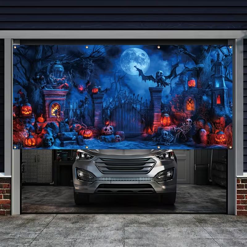 2D Spooky Haunted Graveyard Garage Door Cover Halloween Outdoor Party Decoration