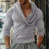 Men Cowl Neck Long Sleeve Knitted Ruffled Loose Pullover Tops