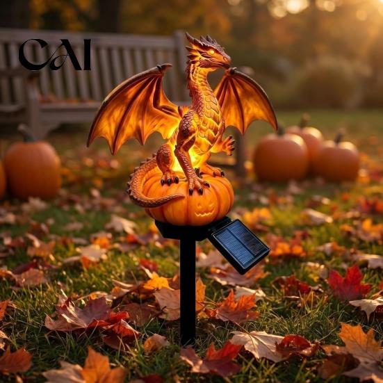 Creative Birthday Gift for Friends Dragon Solar Garden Light, Halloween Night Resin Gothic Pumpkin Tabletop Sculpture Office Statue, Medieval Fantasy