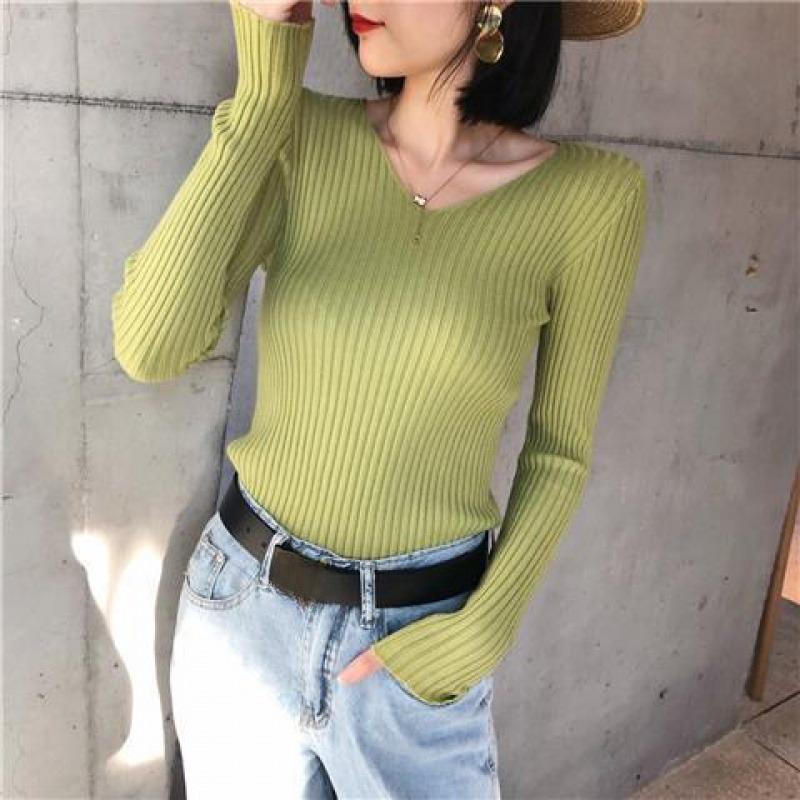 Осенние женские свитера с длинным рукавом, элегантные облегающие пуловеры с V-образным вырезом, вязаные свитера для женщин, повседневные однотонные повседневные офисные женские зимние джемперы 25360