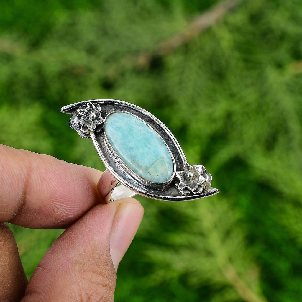 Натуральный Амазонит Драгоценный Камень 925 Серебро Солитер Цветок Регулируемое Кольцо для Девочек