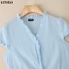 VONDA Летние женские повседневные футболки с V-образным вырезом, коротким рукавом и оборкой по низу, облегающие топы