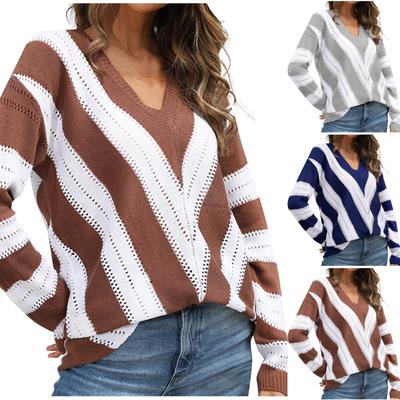 Женский модный полый свитер с v-образным вырезом, женские полосатые вязаные топы
