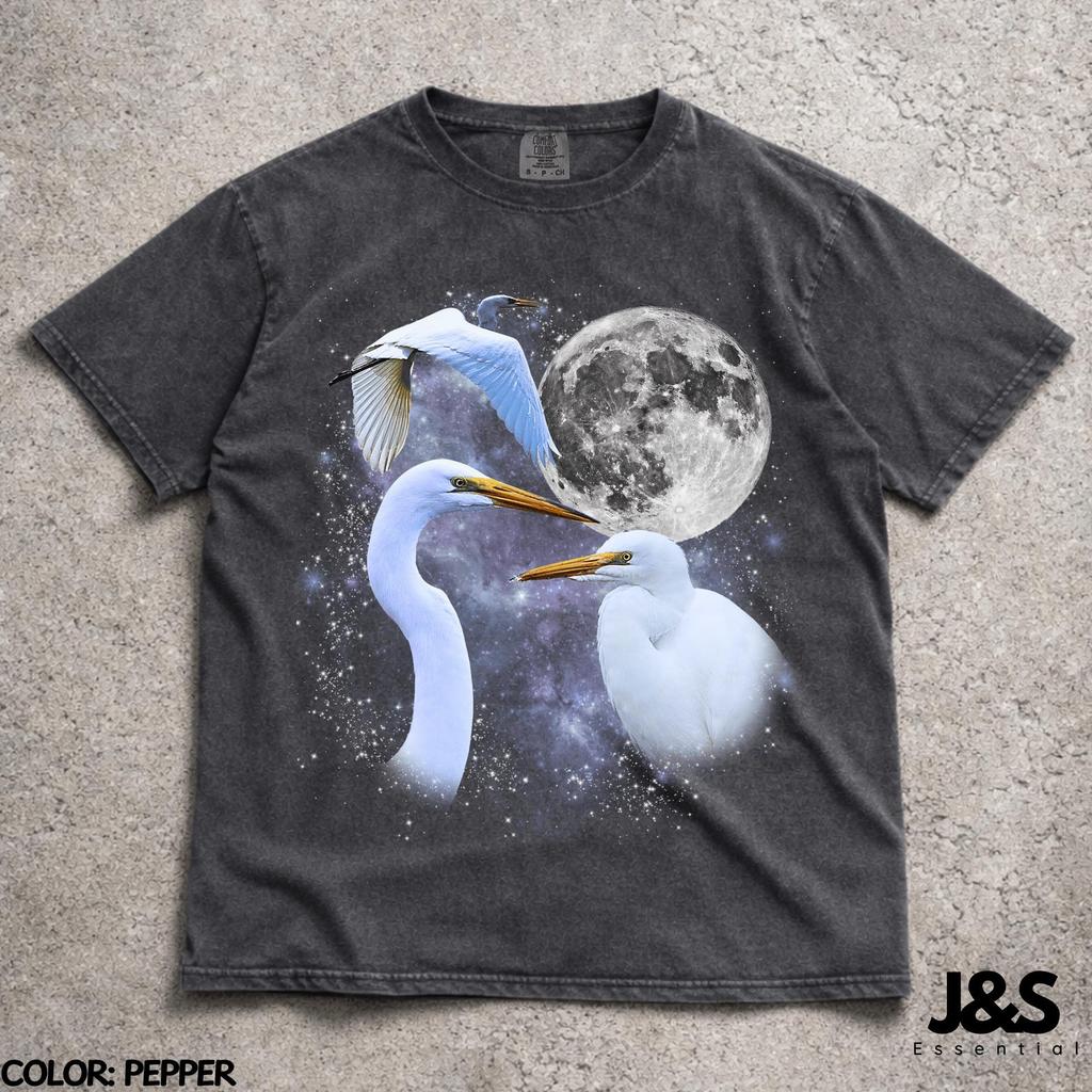 Three Great Egret Moon Shirt, Funny 90s Vintage Aesthetic Graphic Tee, Retro Comfort Colors® Water Bird Top, Ironic Wolf Moon Parody Gift