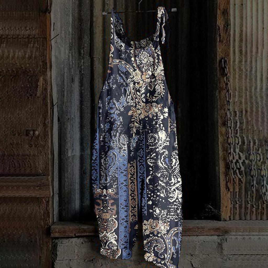 Женский комбинезон с принтом, повседневный, свободный, винтажный, с бретельками, из хлопка и льна