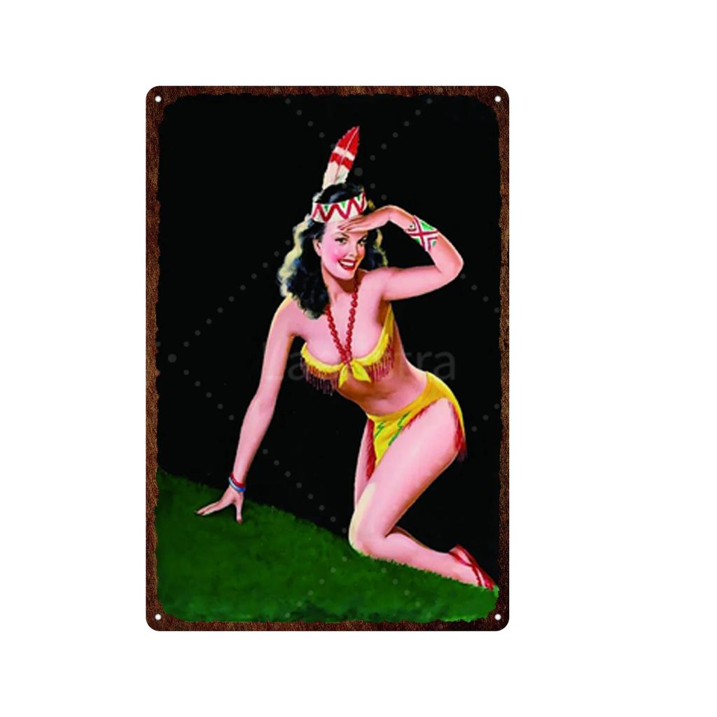 Жестяная картина Элегантная девушка пин-ап Ретро постеры Жестяная табличка Металлическая табличка Декор Стена Женский портрет Бар Паб Клуб Мужская пещера Картинки