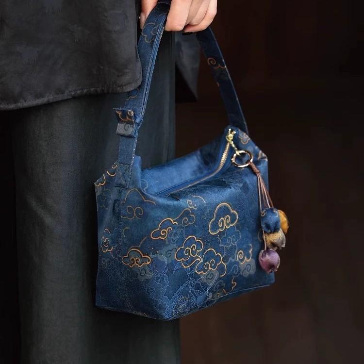 Original Xiangyunsha Shoulder Bag - Song Brocade Retro Lunch Box Purse,  Chinese Style Minimalist Designer Handbag