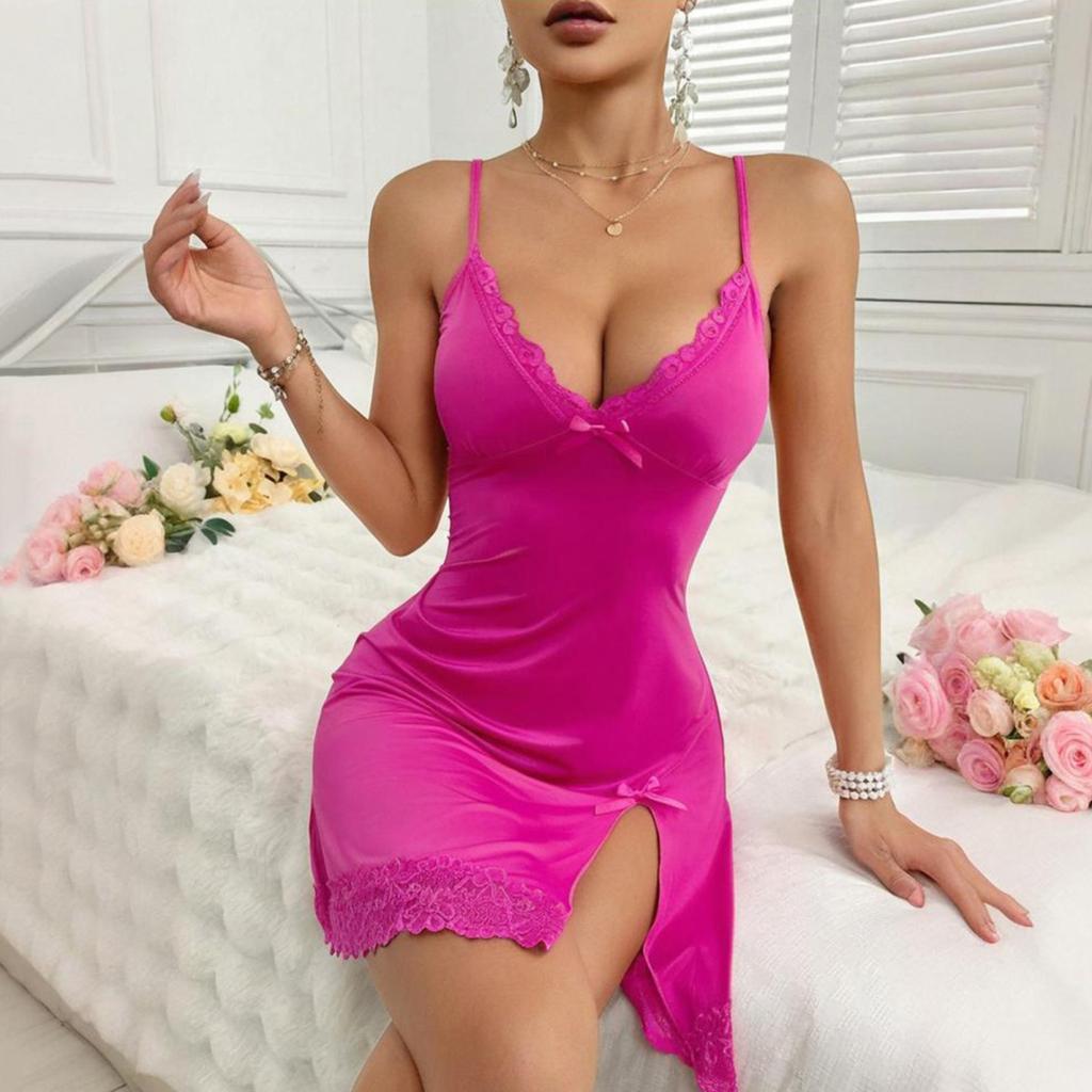 Women Nightdress V Neck Backless Sleeveless Bow Lace Floral Embroidery Nightie Spaghetti Strap Slit Hem Nightgown