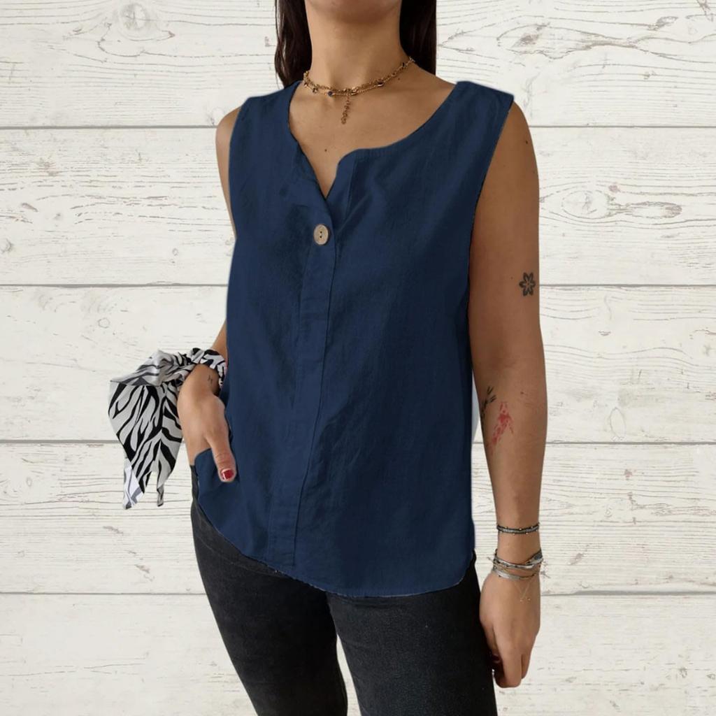 Женская однотонная повседневная свободная футболка из хлопка и льна с пуговицами на рукавах и без рукавов