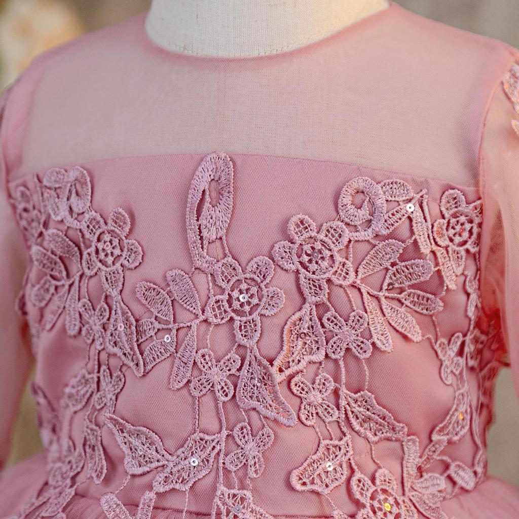 Children's Long Sleeve Evening Dress with Appliqué Mesh Puff Skirt