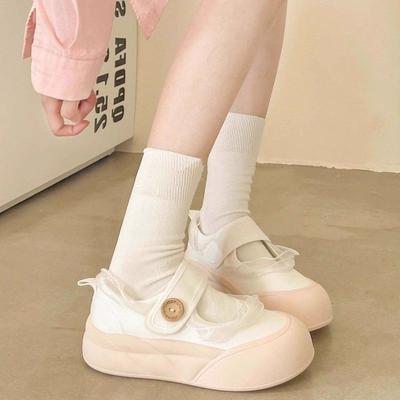 Кружевные маленькие белые туфли женские лето 2025 новые парусиновые туфли на липучках студенческие туфли на толстой подошве туфли Мэри Джейн женские туфли