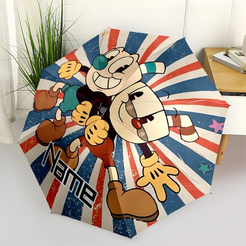 1PC Cuphead Mugman - Custom Name Automatic Folding Umbrella - Compact 8-Rib Design, Durable Plastic & Iron, Daily Use S0106037