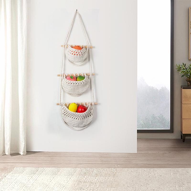 1PC Over The Door Organiser 3 Tier Hanging Organiser Wall Rope Wall Basket Wall Mounted Cotton Rope Home Decor Two Colours